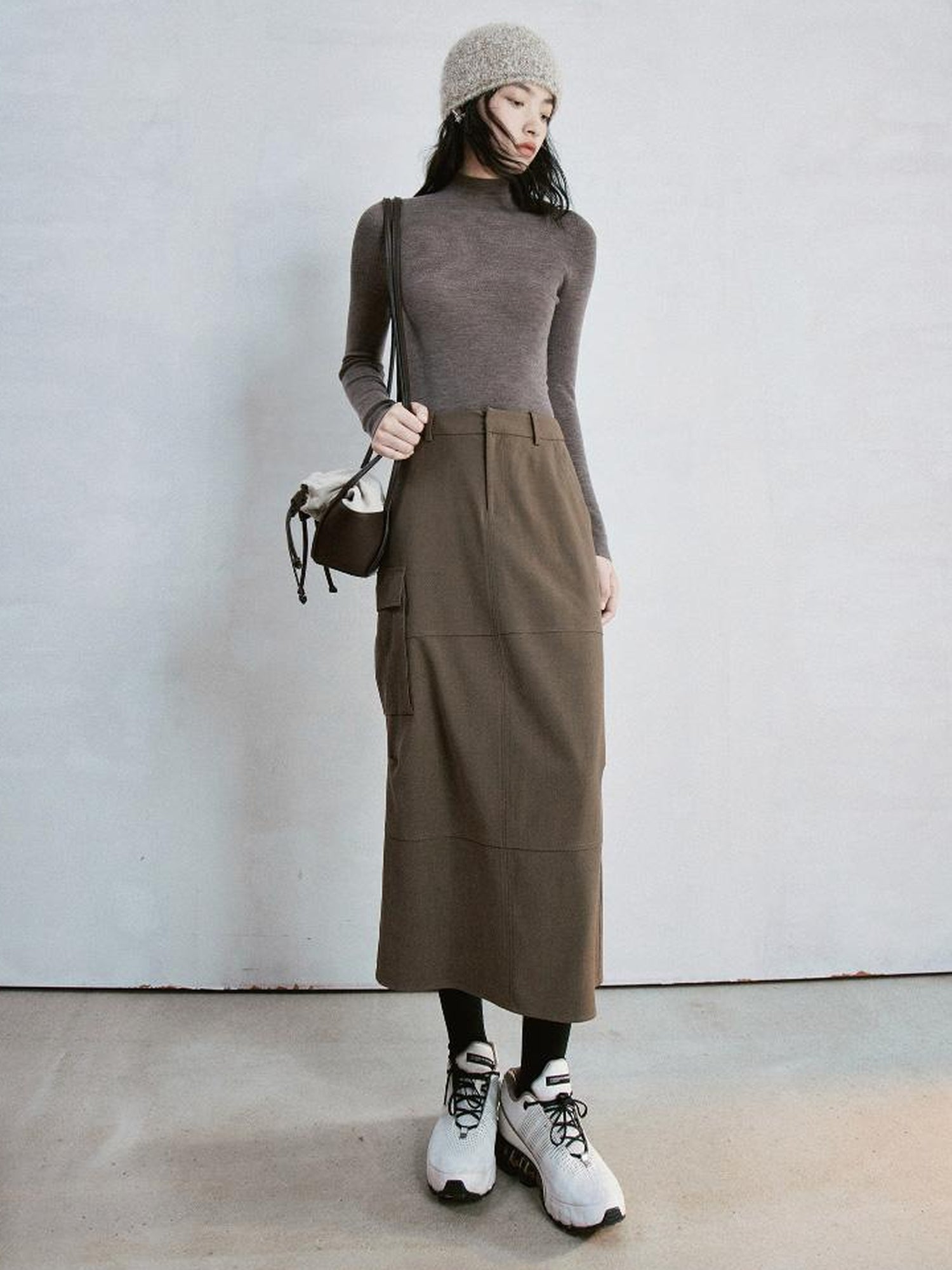 FUSSED Brown Leather Beige Canvas Drawstring Basket Bag