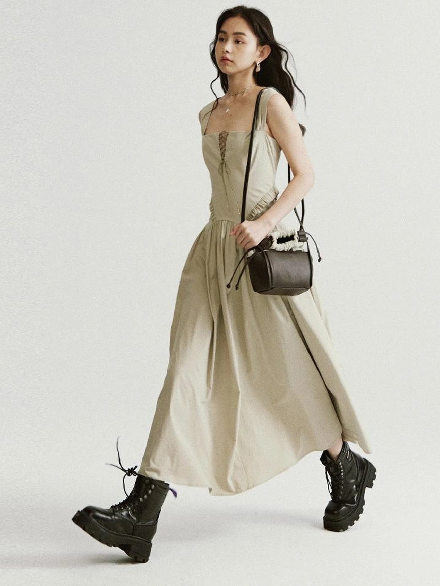 Brown Leather Beige Canvas Drawstring Basket Bag