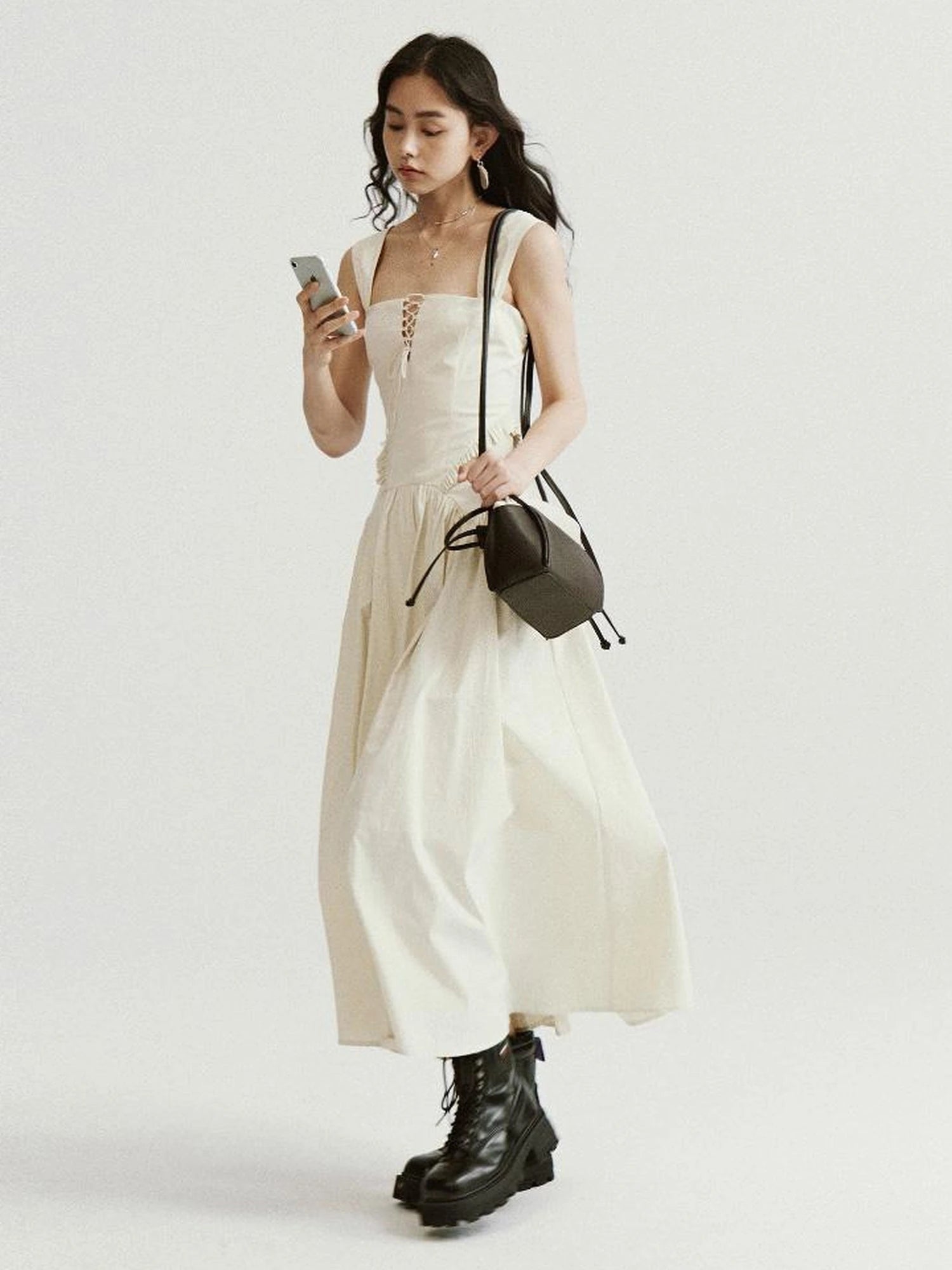 Brown Leather Beige Canvas Drawstring Basket Bag