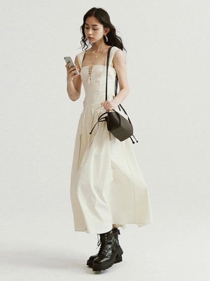 Brown Leather Beige Canvas Drawstring Basket Bag