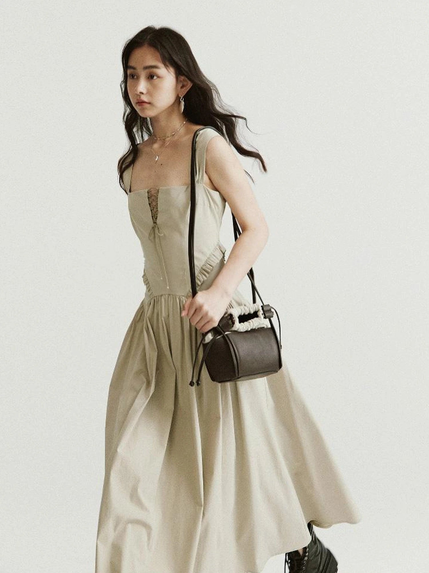 Brown Leather Beige Canvas Drawstring Basket Bag