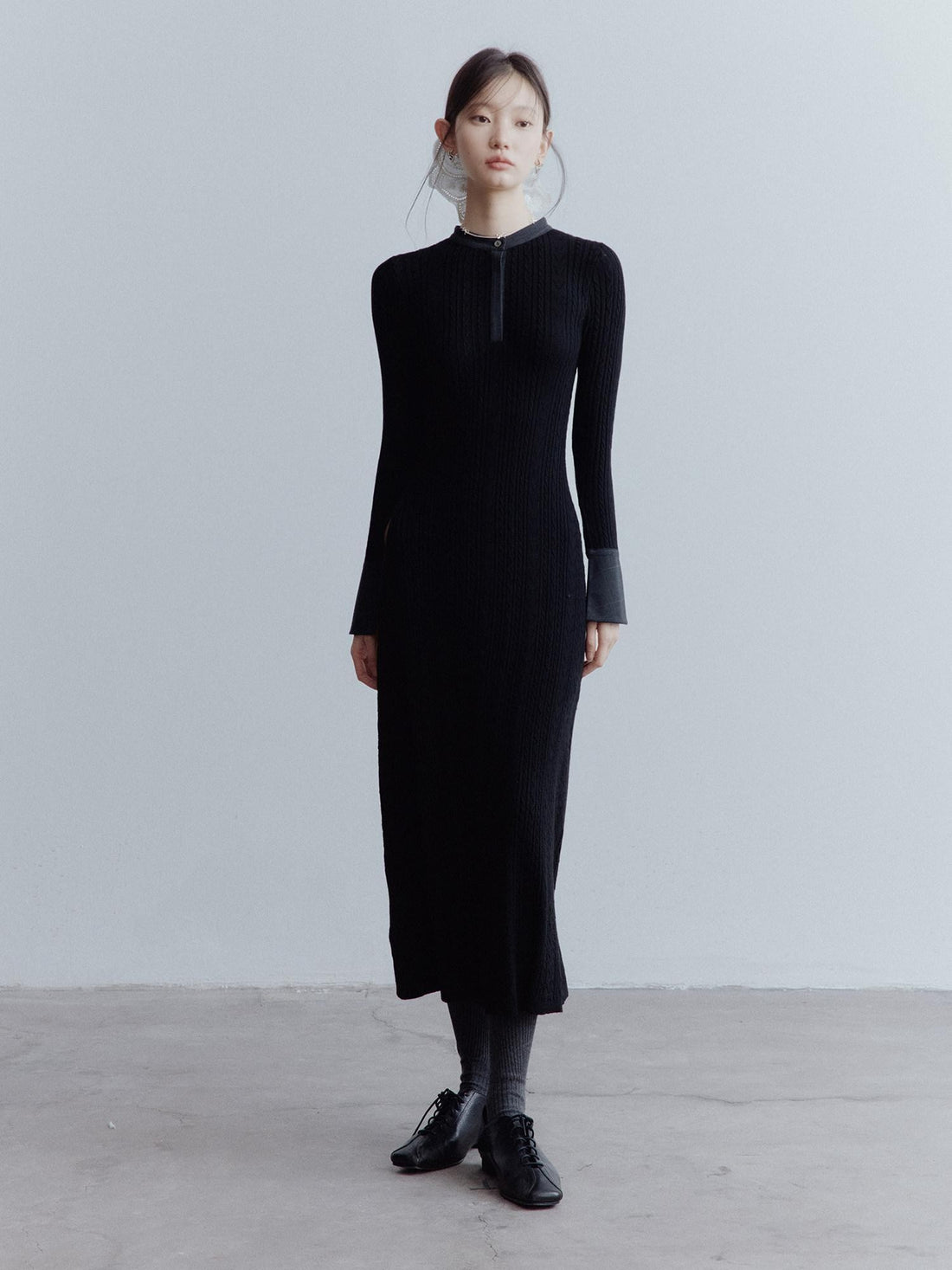 FUSSED Cable Knit Drawcord Shirt Collar Long Sleeve Women&