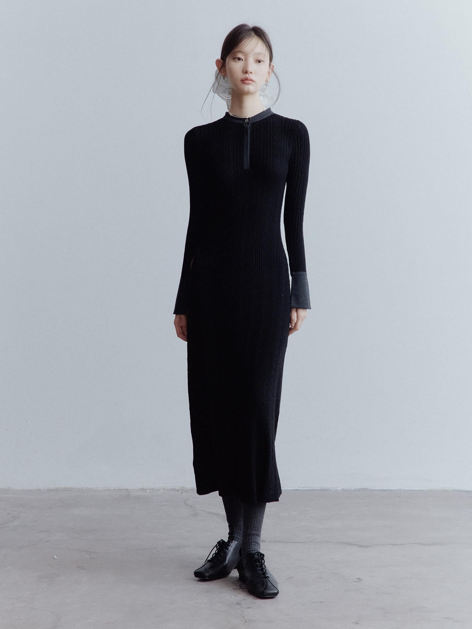 FUSSED Cable Knit Drawcord Shirt Collar Long Sleeve Women&