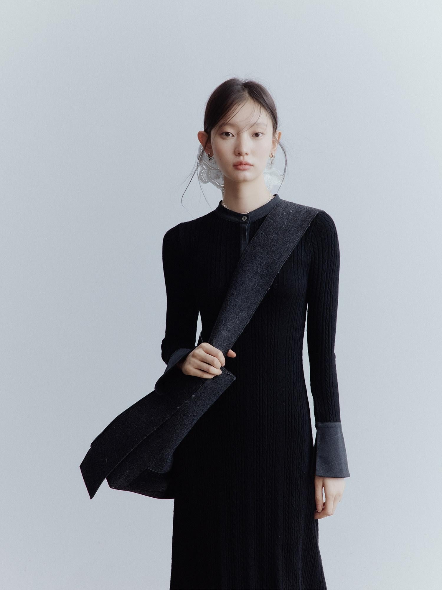 FUSSED Cable Knit Drawcord Shirt Collar Long Sleeve Women&