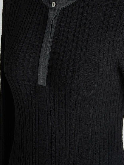 FUSSED Cable Knit Drawcord Shirt Collar Long Sleeve Women&
