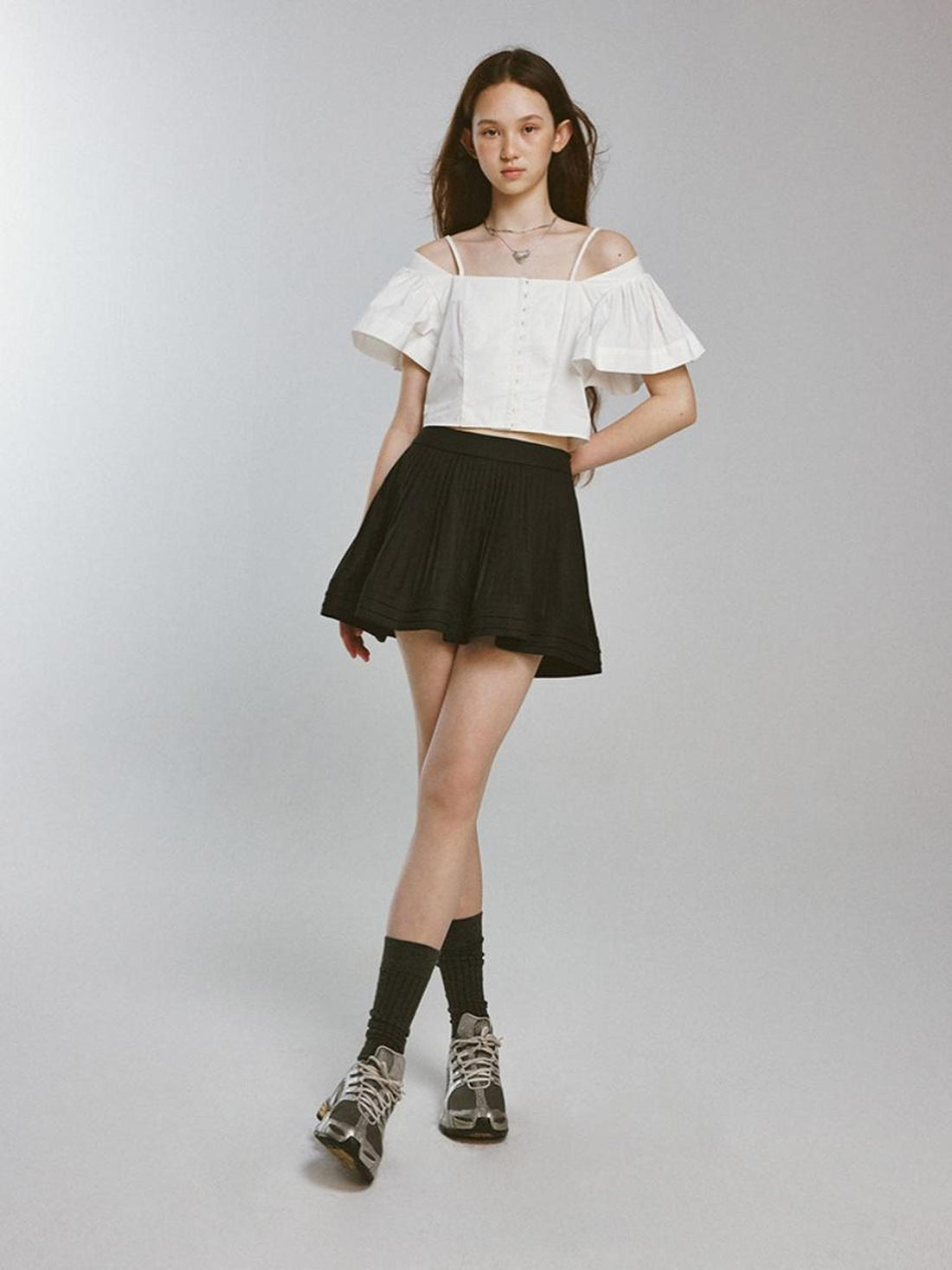 FUSSED Camellia White Square Neck Top With Embossed Texture And Draped Sleeves