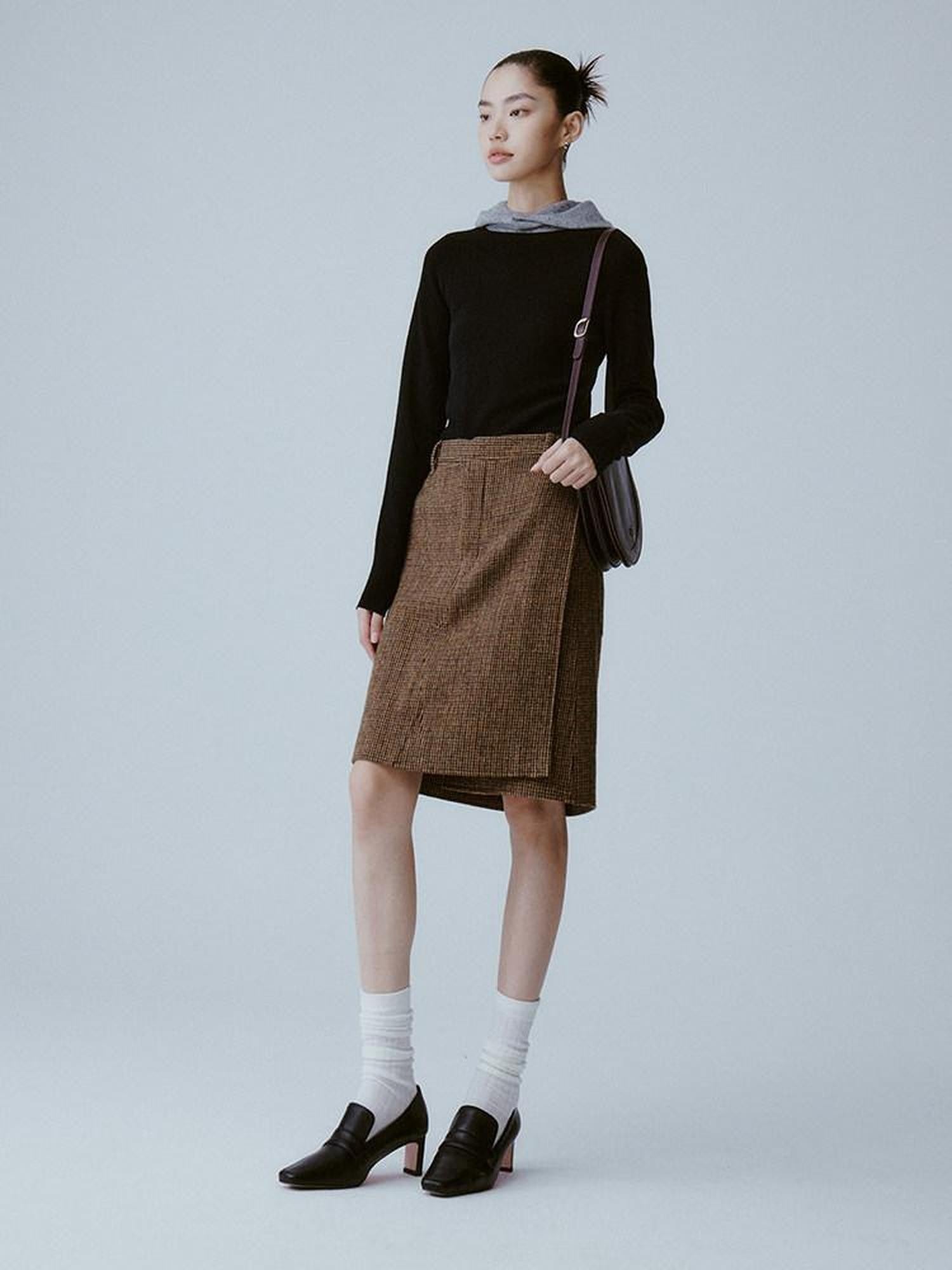 FUSSED Caramel Brown Double Layer A Line Mid Waist Women&