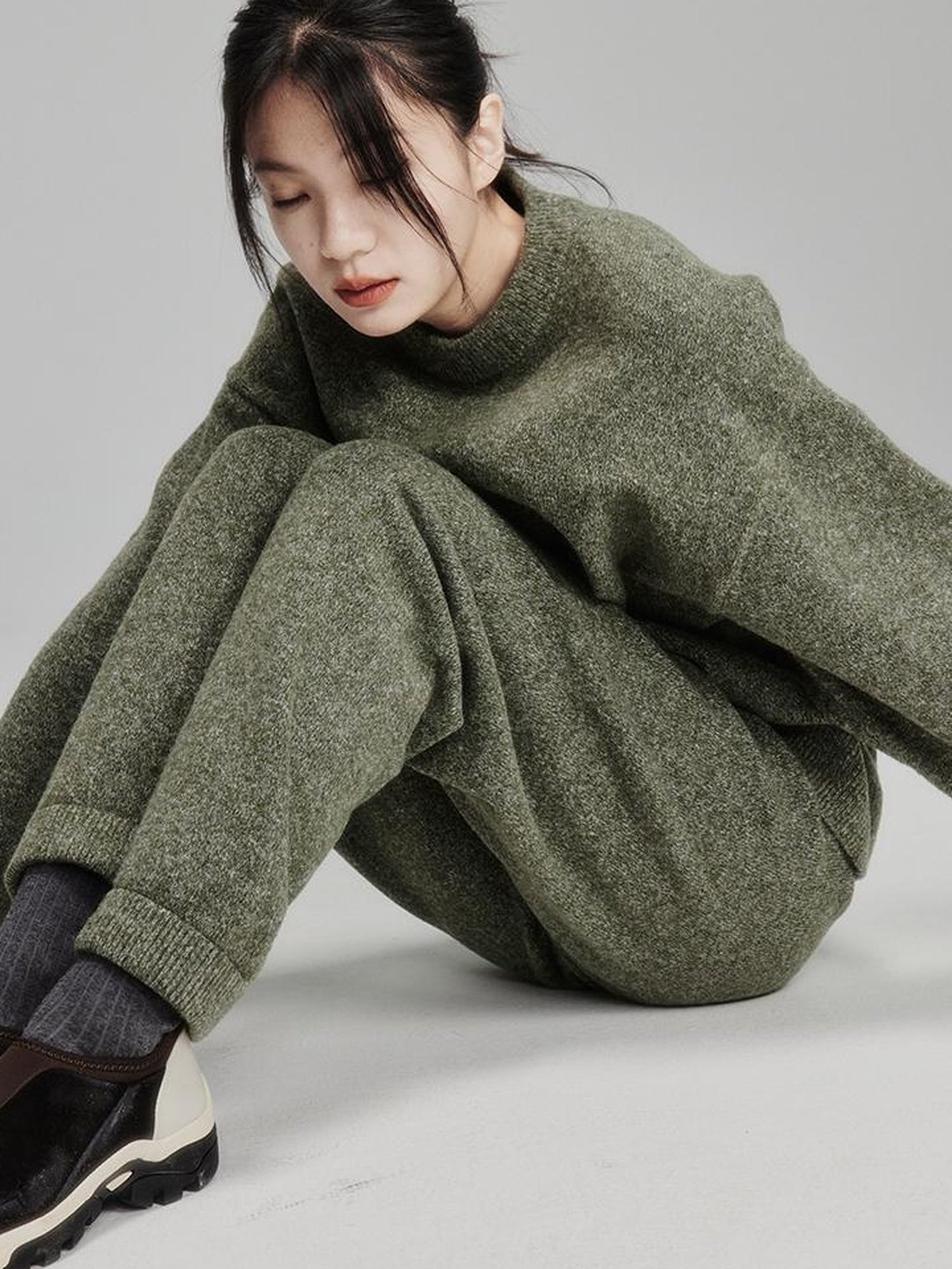 FUSSED Cashmere Blend Ribbed Trousers Misty Green