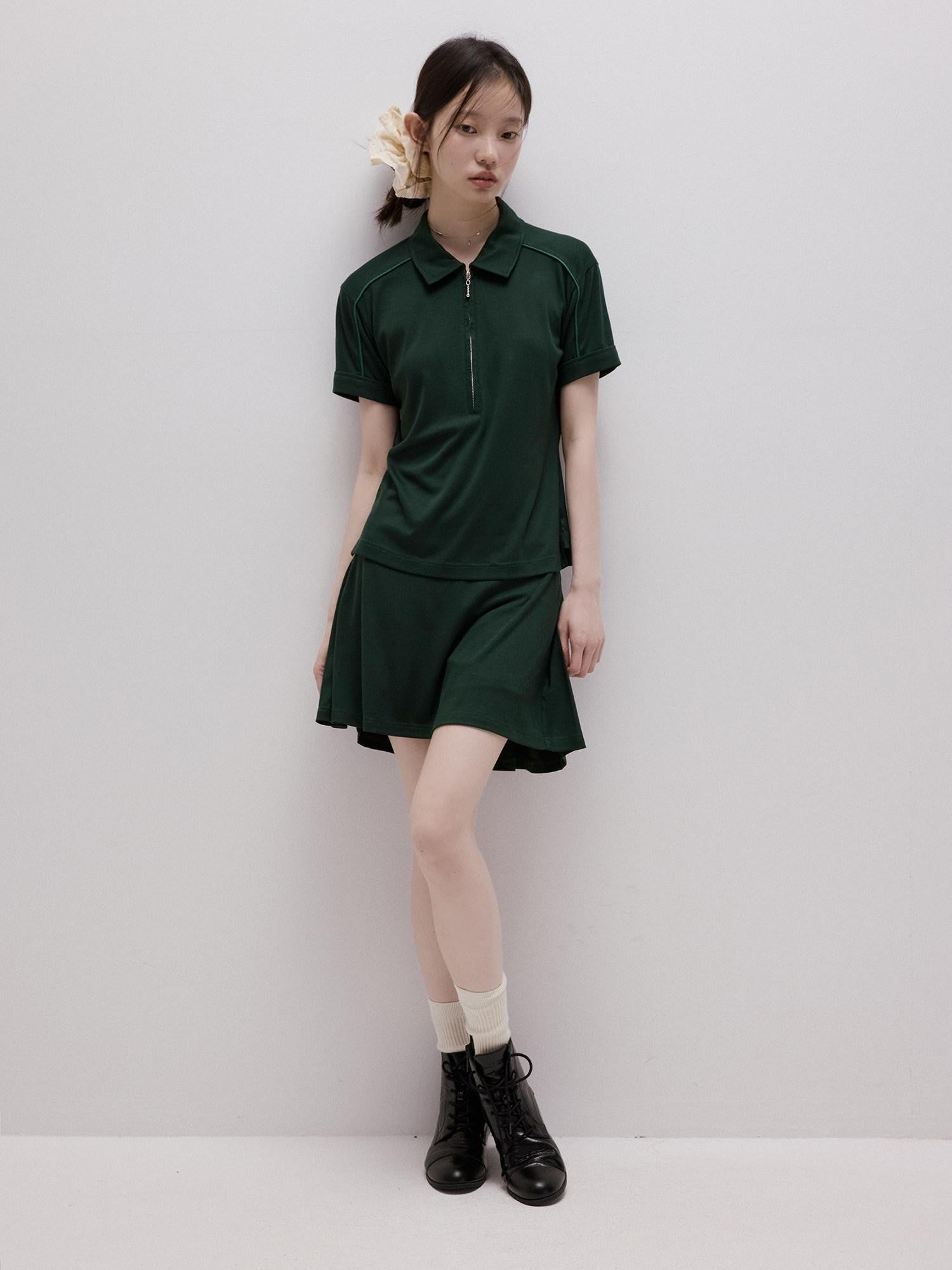 FUSSED Cedar Green Boxy Layered Academy Polo Knit Women&