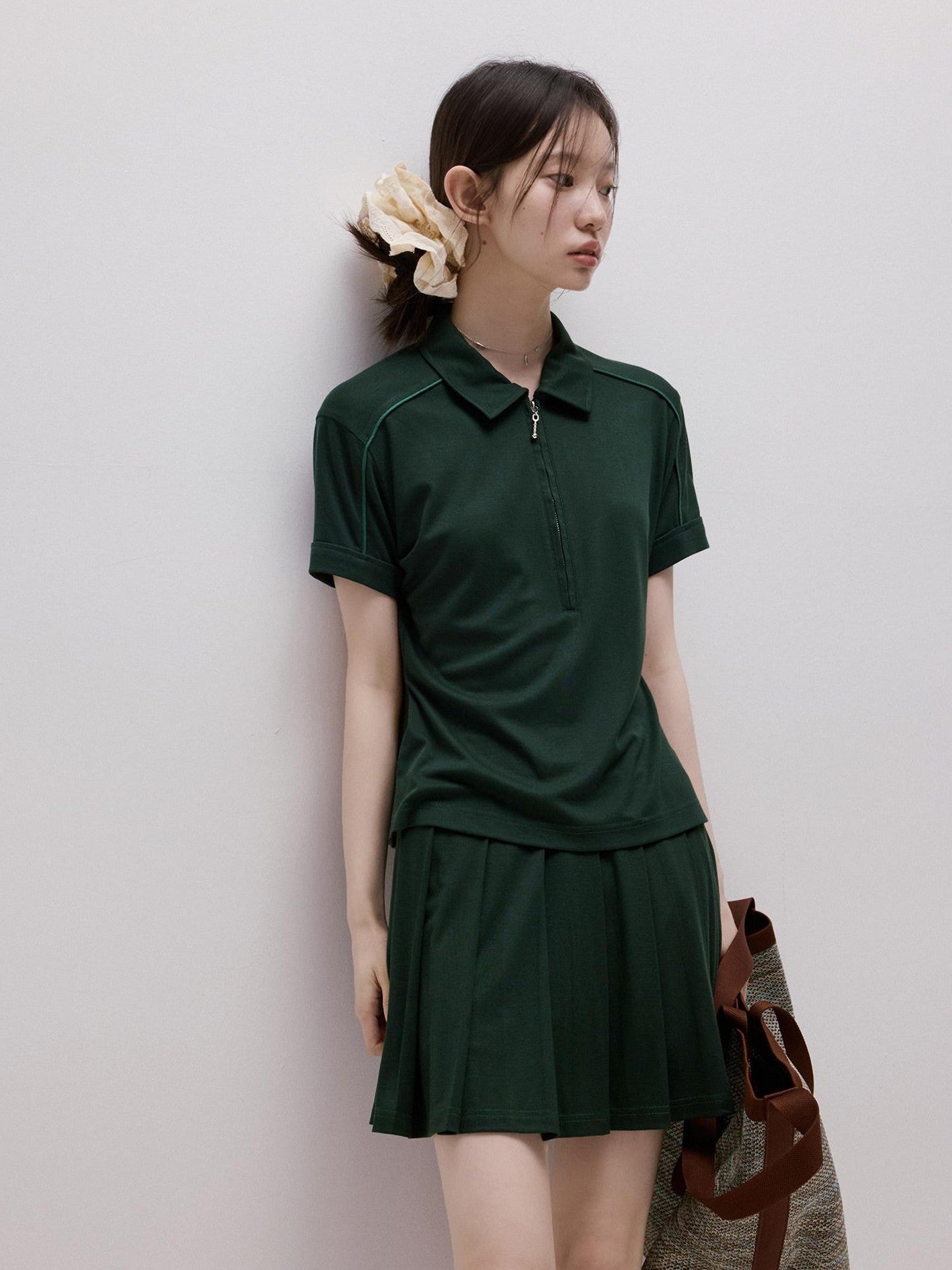 FUSSED Cedar Green Boxy Layered Academy Polo Knit Women&