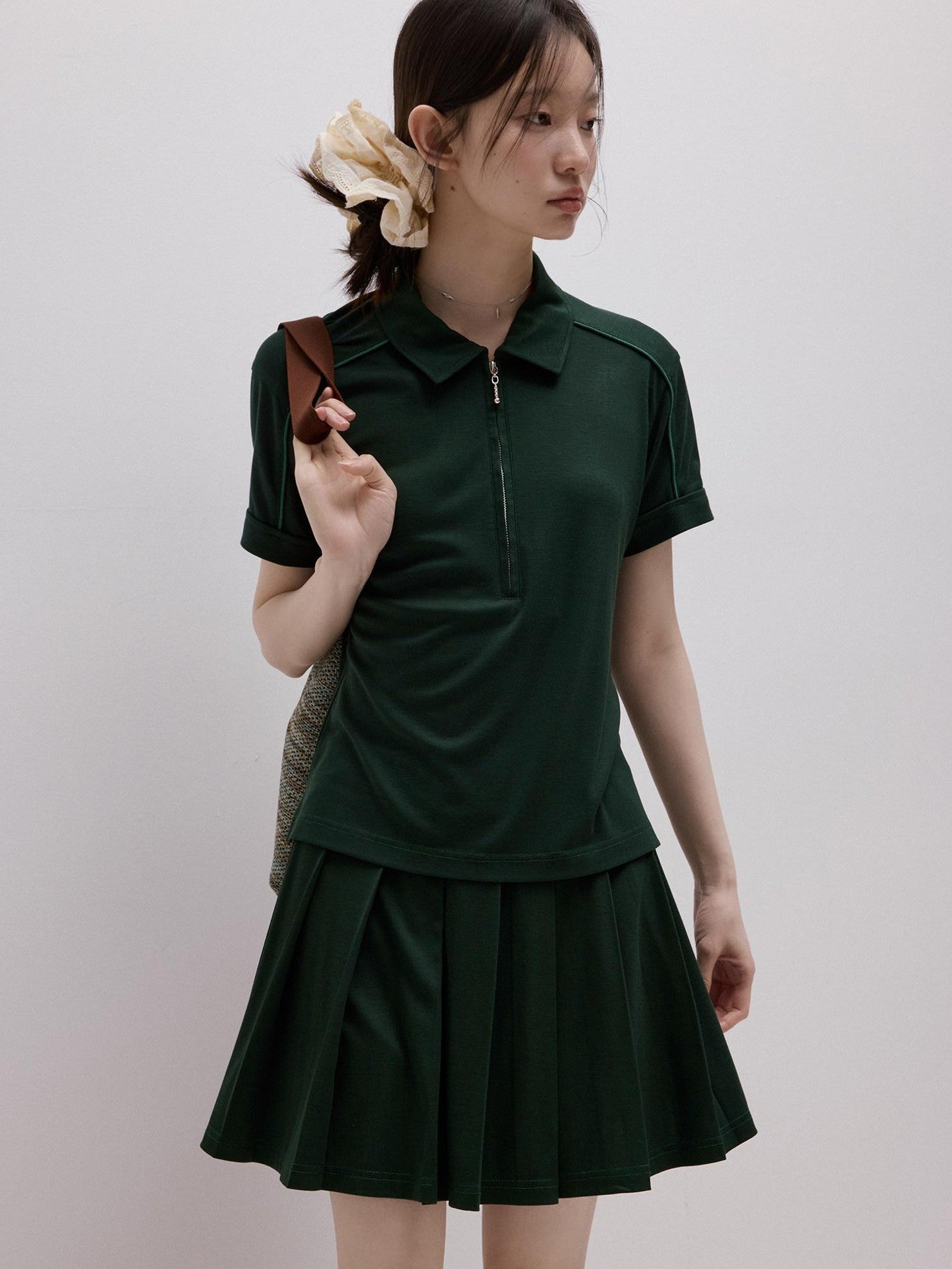 FUSSED Cedar Green Boxy Layered Academy Polo Knit Women&
