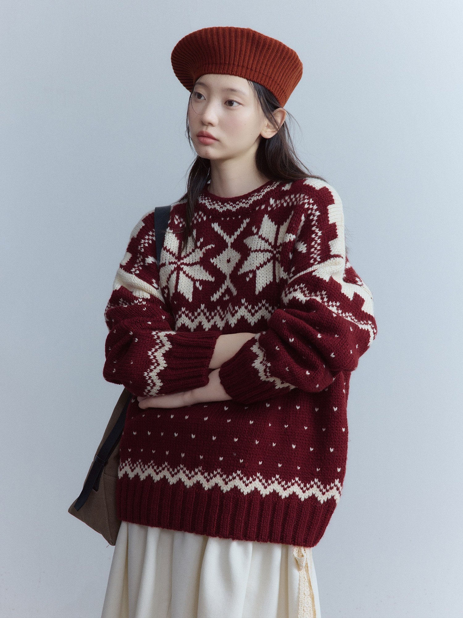 FUSSED_Cherry_Red_Fair_Isle_Elf_Motif_Three_Needle_Women&