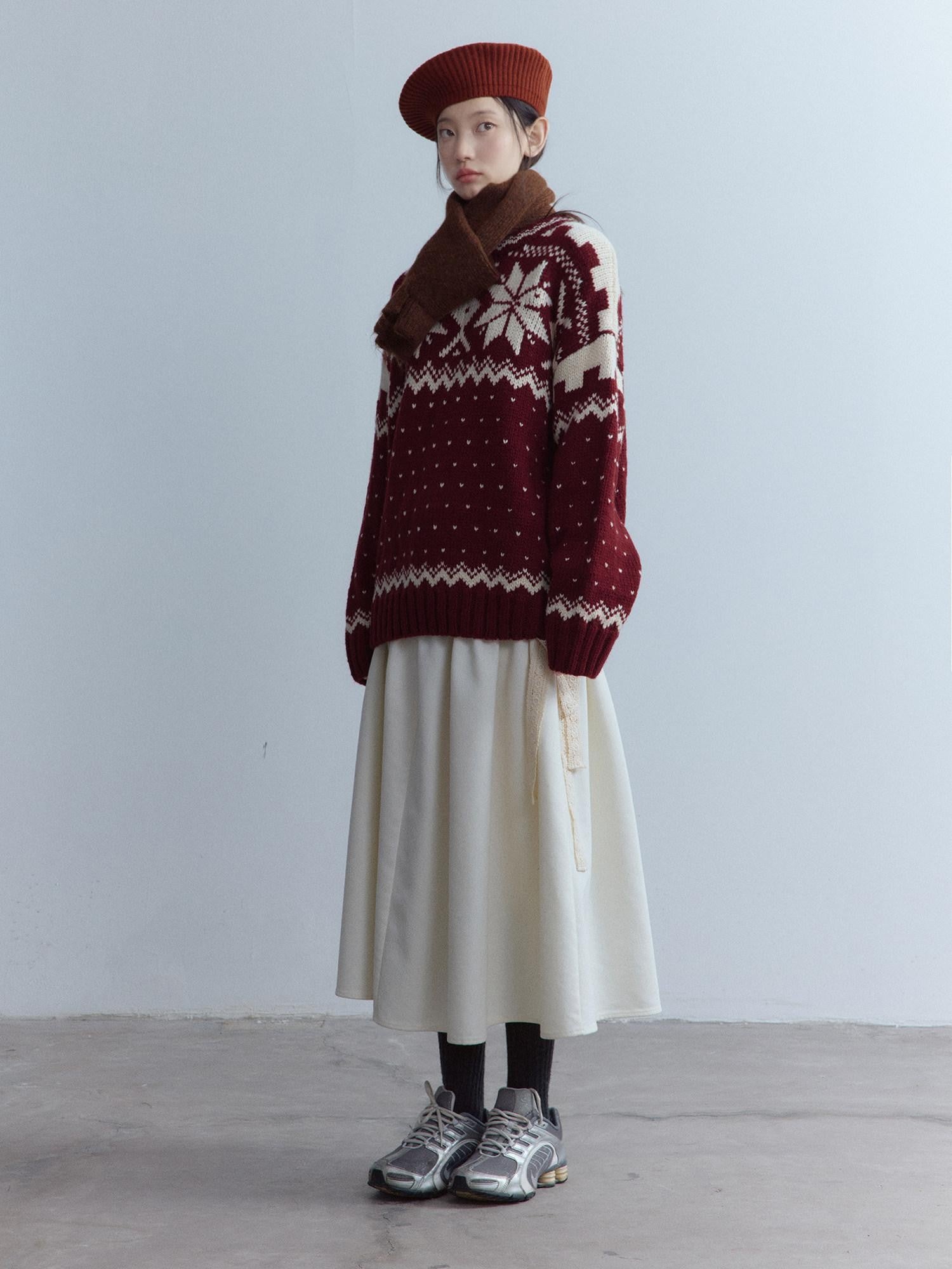 FUSSED Cherry Red Fair Isle Elf Motif Three Needle Women&