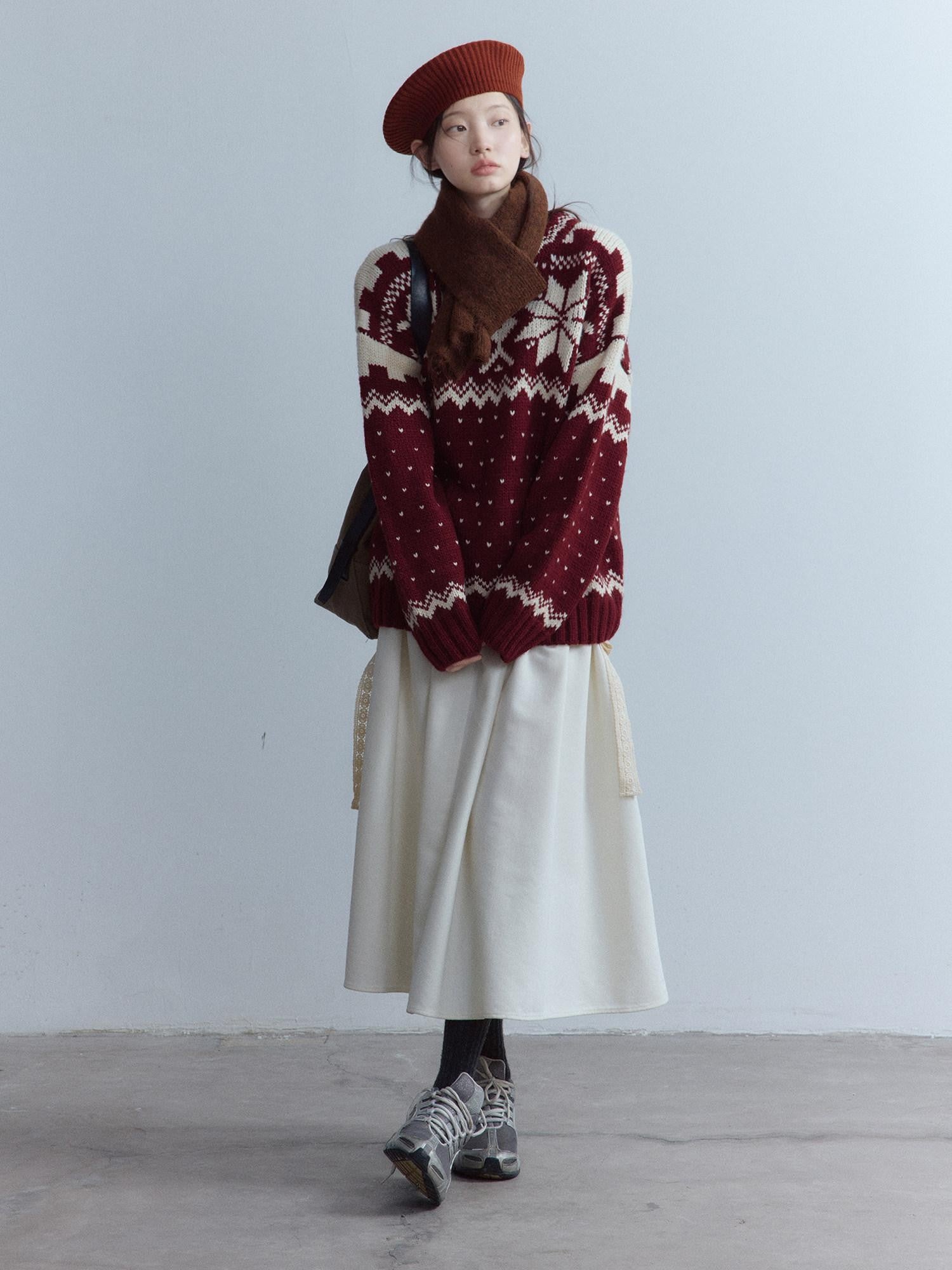 FUSSED Cherry Red Fair Isle Elf Motif Three Needle Women&