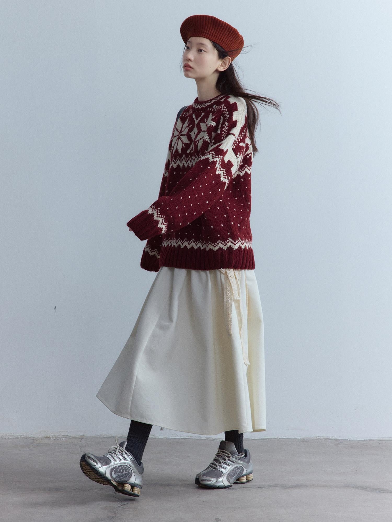 FUSSED Cherry Red Fair Isle Elf Motif Three Needle Women&