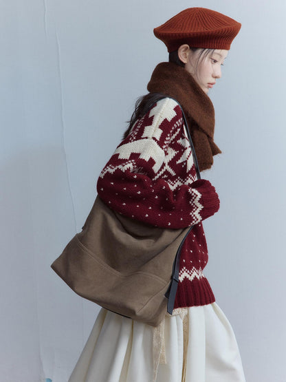 FUSSED Cherry Red Fair Isle Elf Motif Three Needle Women&
