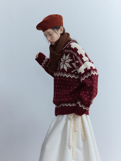 FUSSED Cherry Red Fair Isle Elf Motif Three Needle Women&