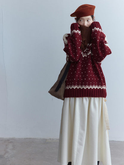 FUSSED Cherry Red Fair Isle Elf Motif Three Needle Women&