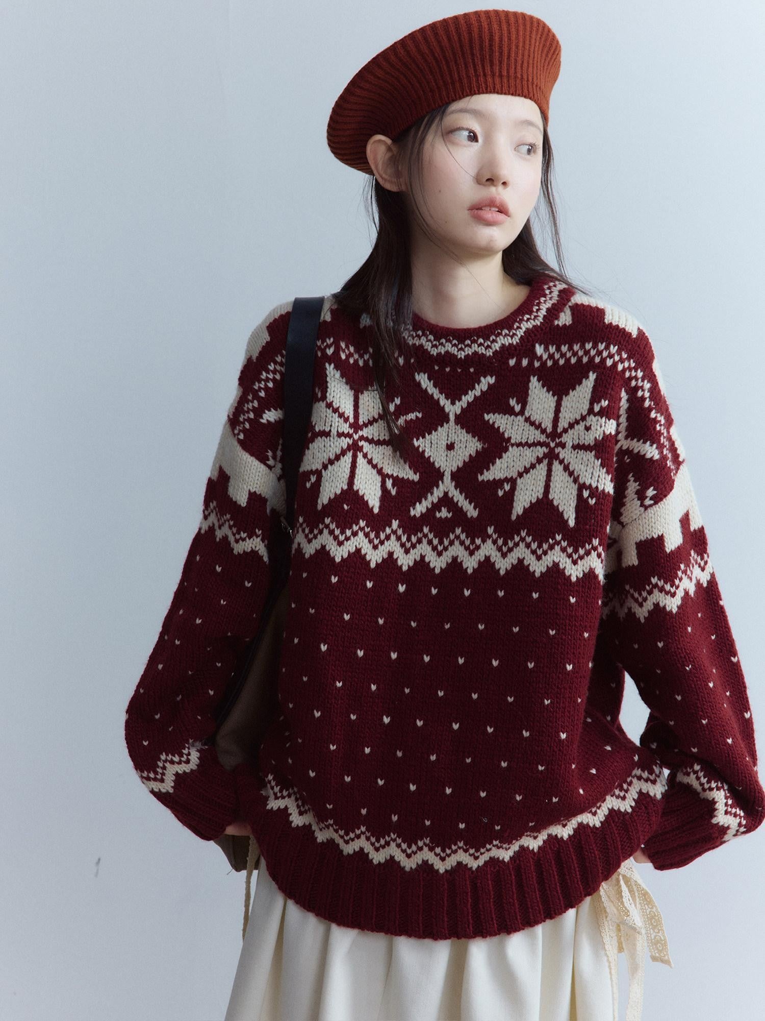 FUSSED Cherry Red Fair Isle Elf Motif Three Needle Women&