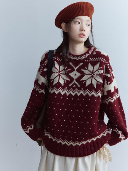 FUSSED Cherry Red Fair Isle Elf Motif Three Needle Women&