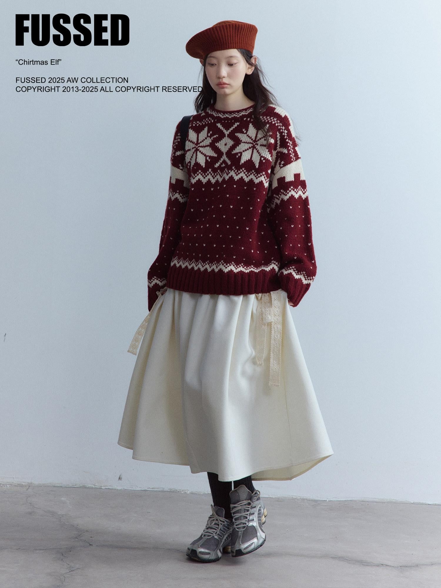FUSSED Cherry Red Fair Isle Elf Motif Three Needle Women&