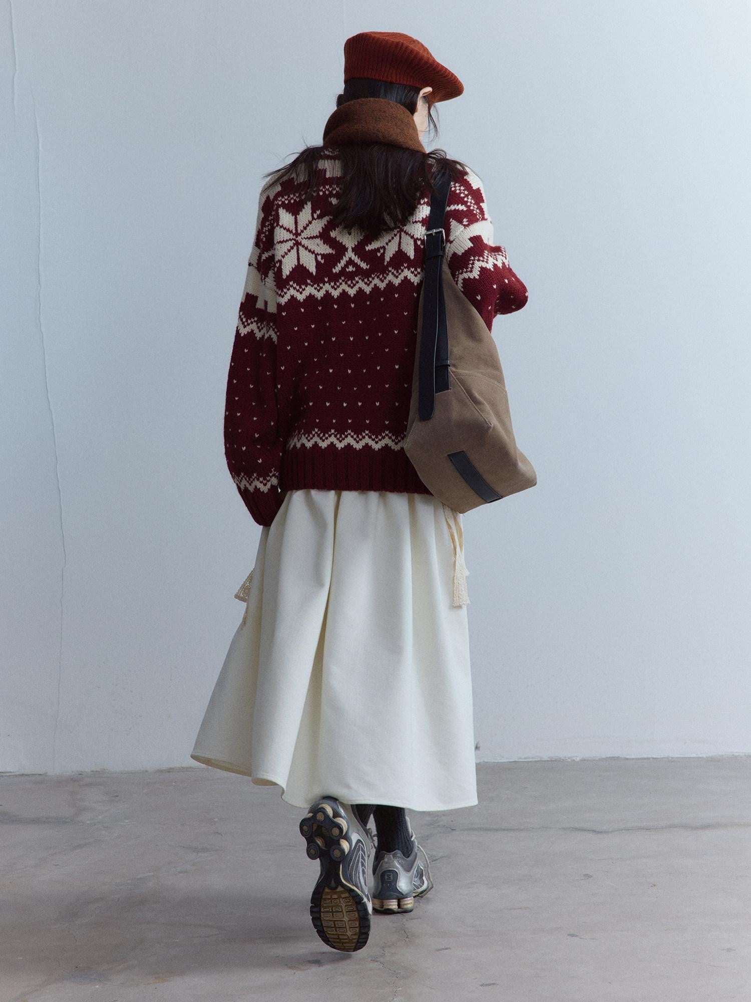 FUSSED Cherry Red Fair Isle Elf Motif Three Needle Women&