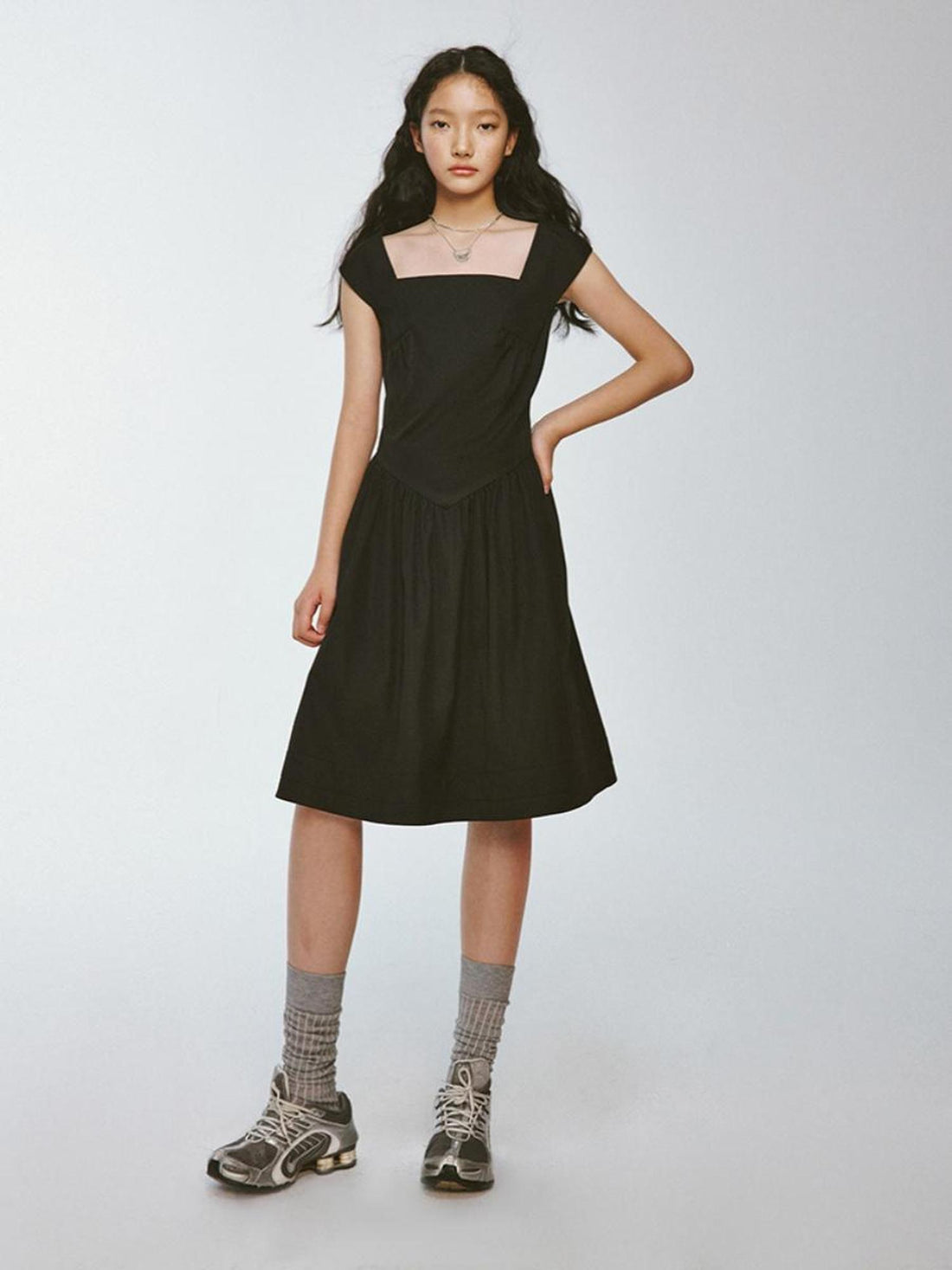 FUSSED Chillax Black Stone Textured Mini A Line V-neck Dress