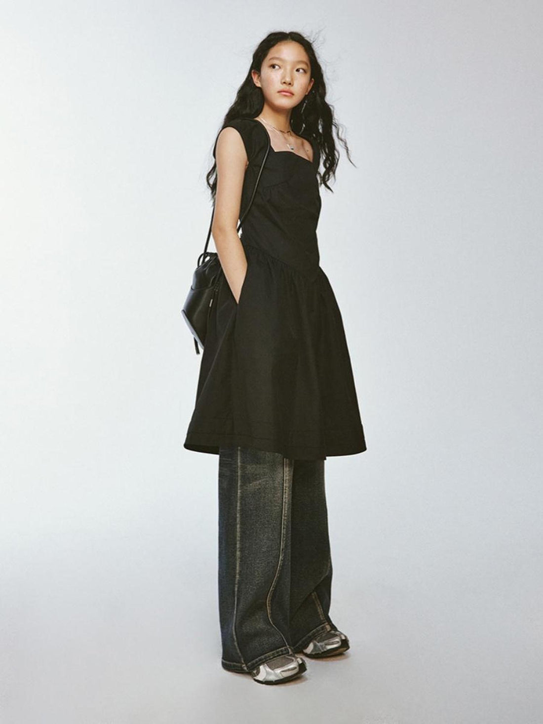 FUSSED Chillax Black Stone Textured Mini A Line V-neck Dress