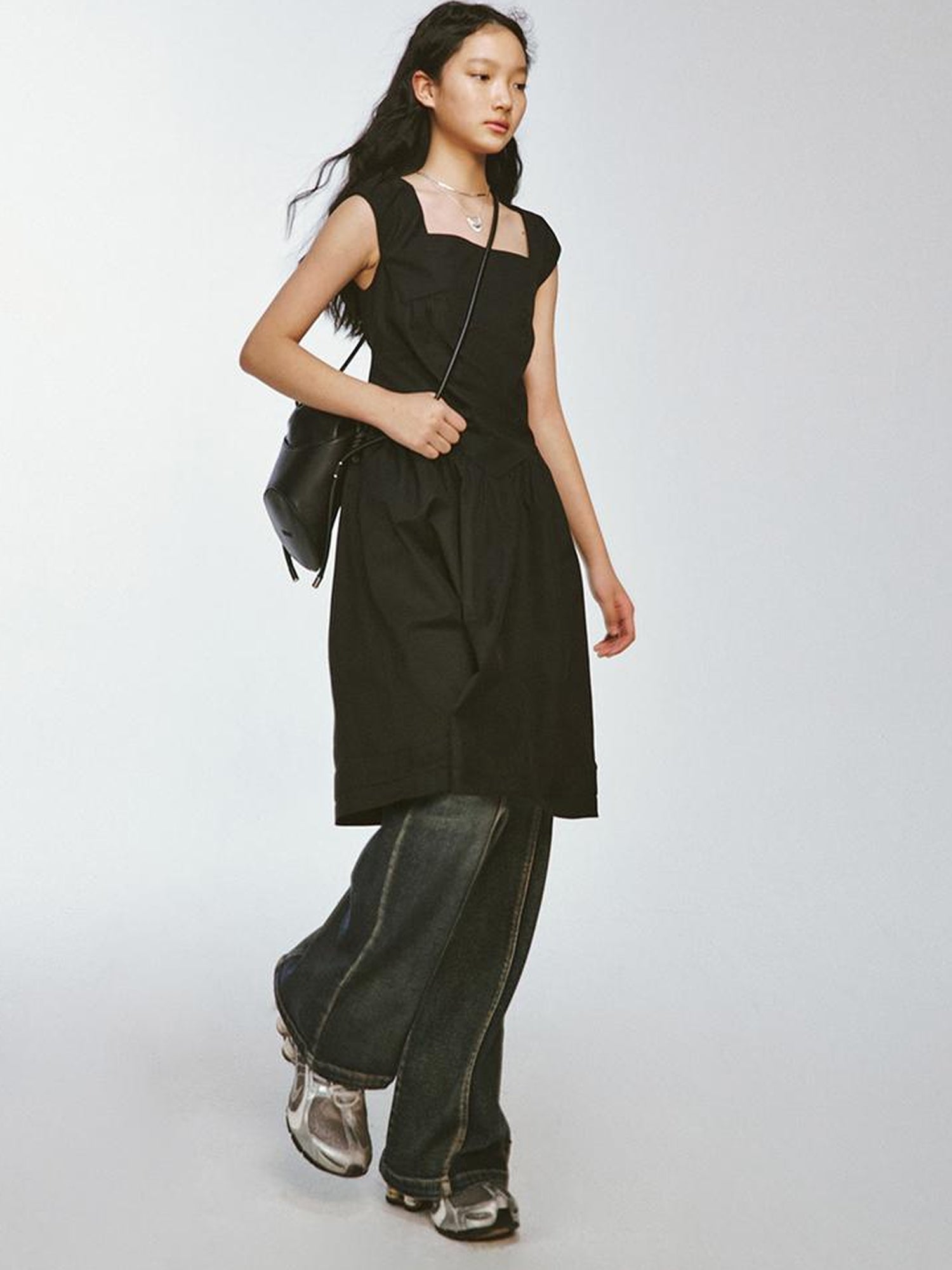 FUSSED Chillax Black Stone Textured Mini A Line V Neck Dress