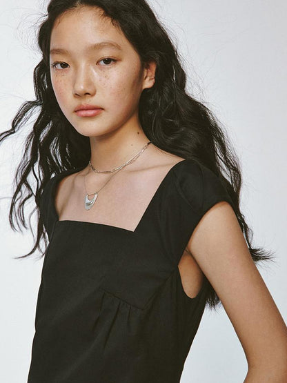 FUSSED Chillax Black Stone Textured Mini A Line V Neck Dress