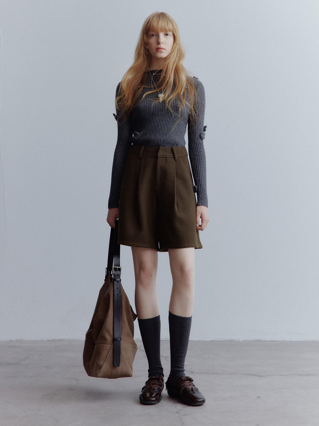 FUSSED Chocolate Brown Relaxed Wool Blend High Waisted Shorts