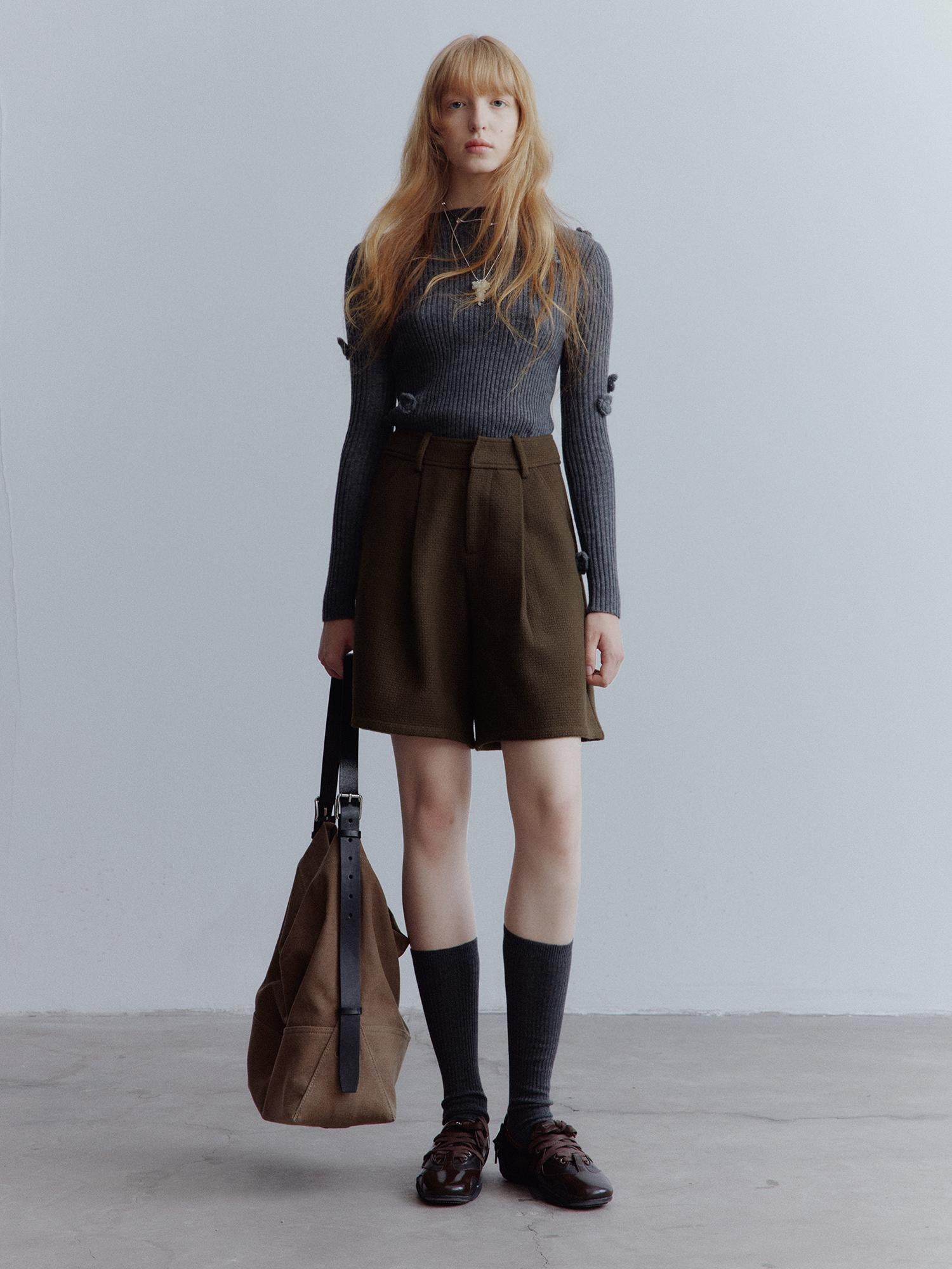 FUSSED Chocolate Brown Relaxed Wool Blend High Waisted Shorts