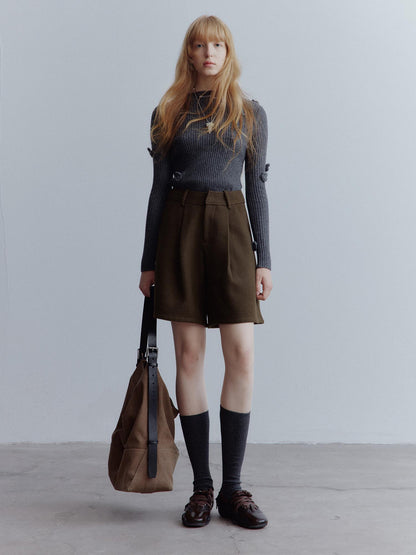 FUSSED Chocolate Brown Relaxed Wool Blend High Waisted Shorts