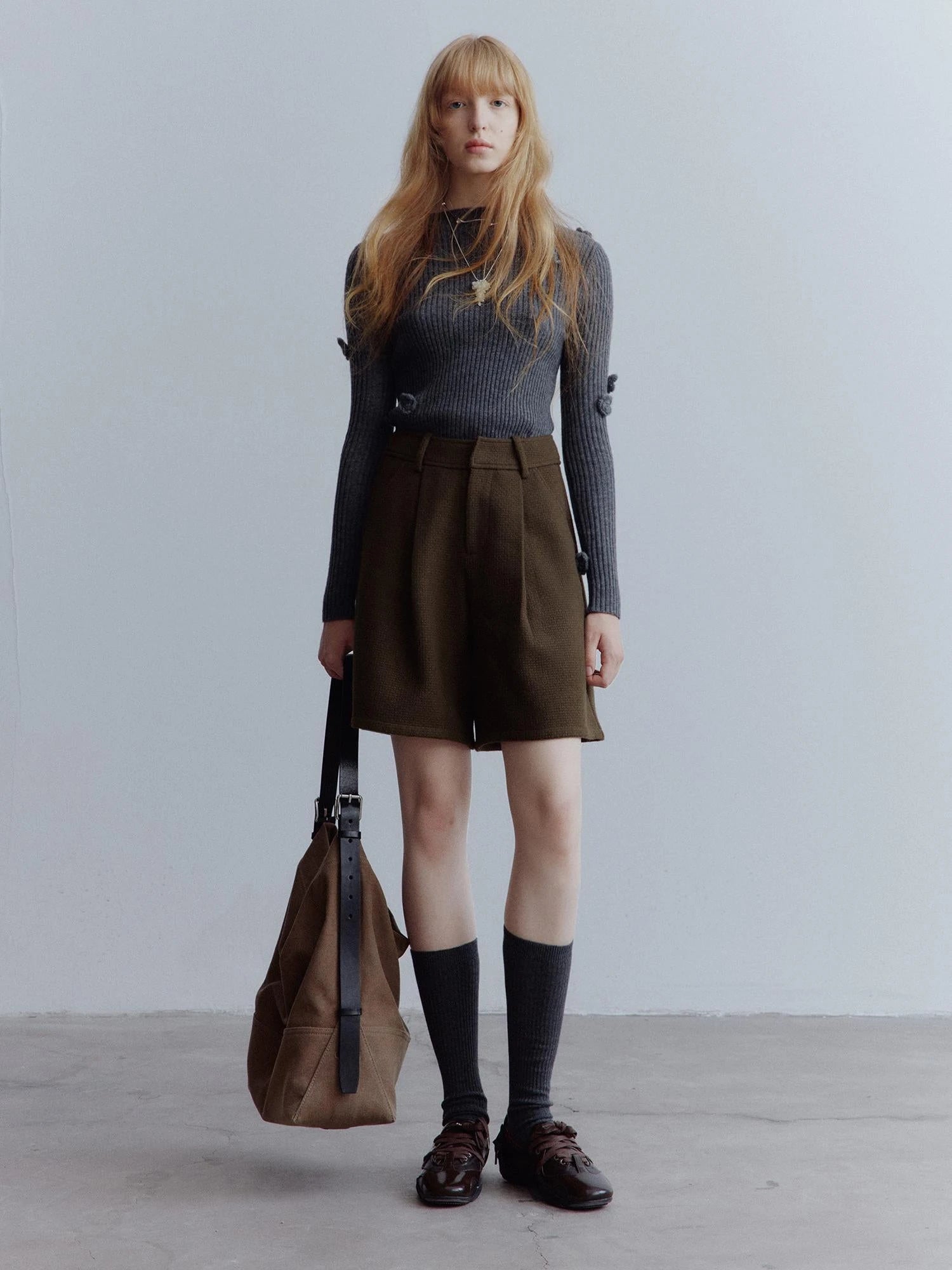 Chocolate Brown Relaxed Wool Blend High Waisted Shorts