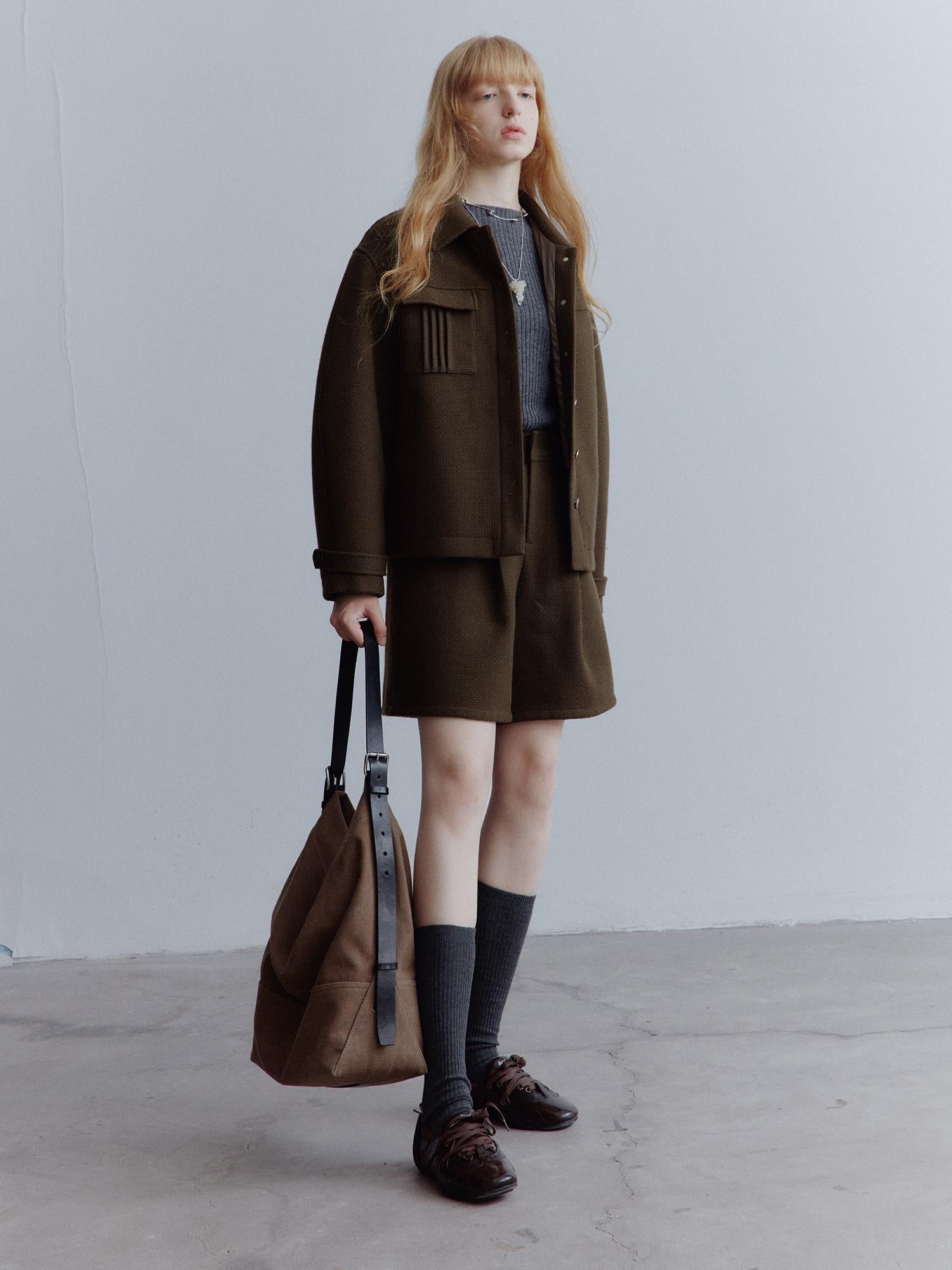 FUSSED Chocolate Brown Relaxed Wool Blend High Waisted Shorts