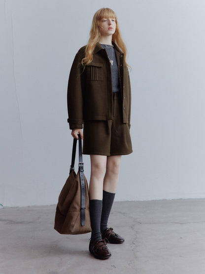 FUSSED Chocolate Brown Relaxed Wool Blend High Waisted Shorts