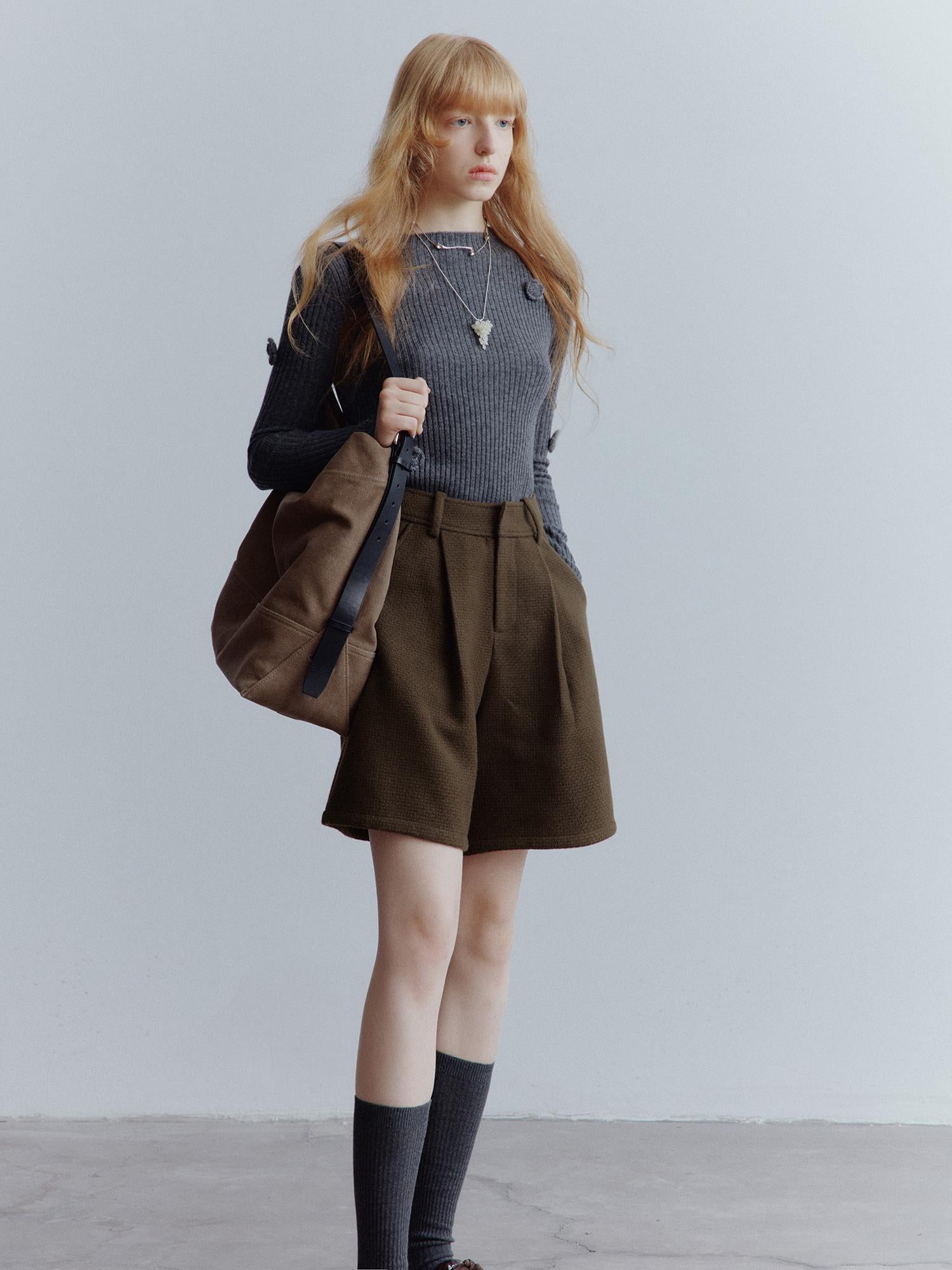 FUSSED Chocolate Brown Relaxed Wool Blend High Waisted Shorts