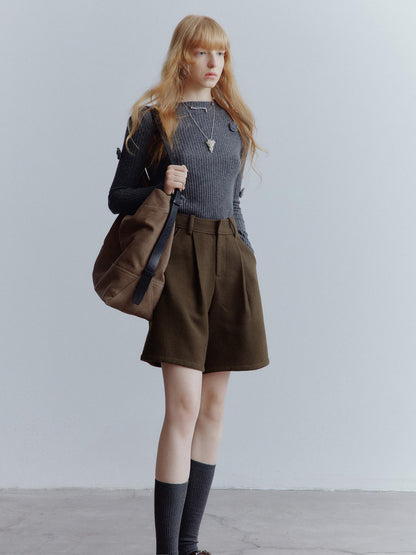 FUSSED Chocolate Brown Relaxed Wool Blend High Waisted Shorts