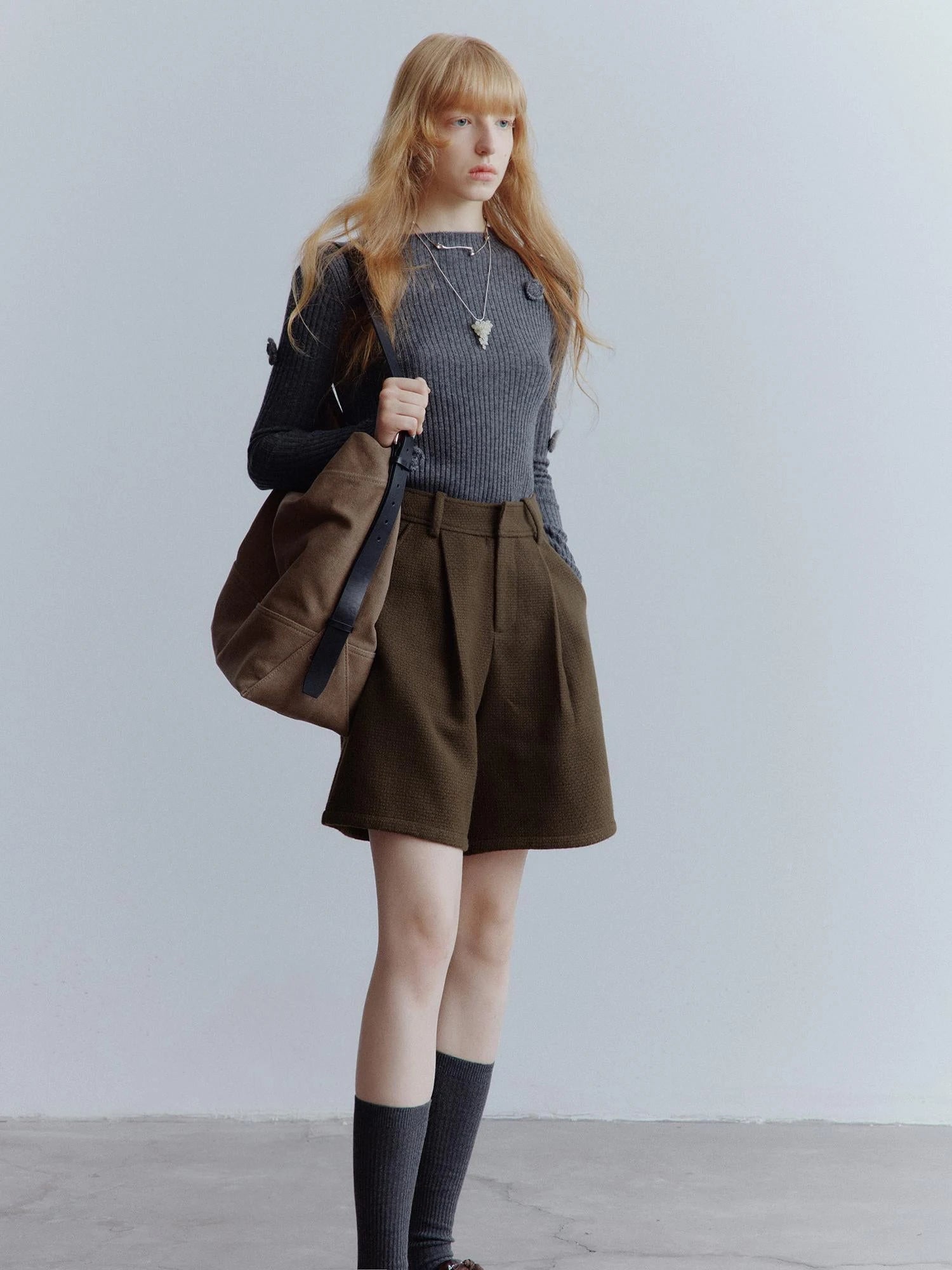 Chocolate Brown Relaxed Wool Blend High Waisted Shorts