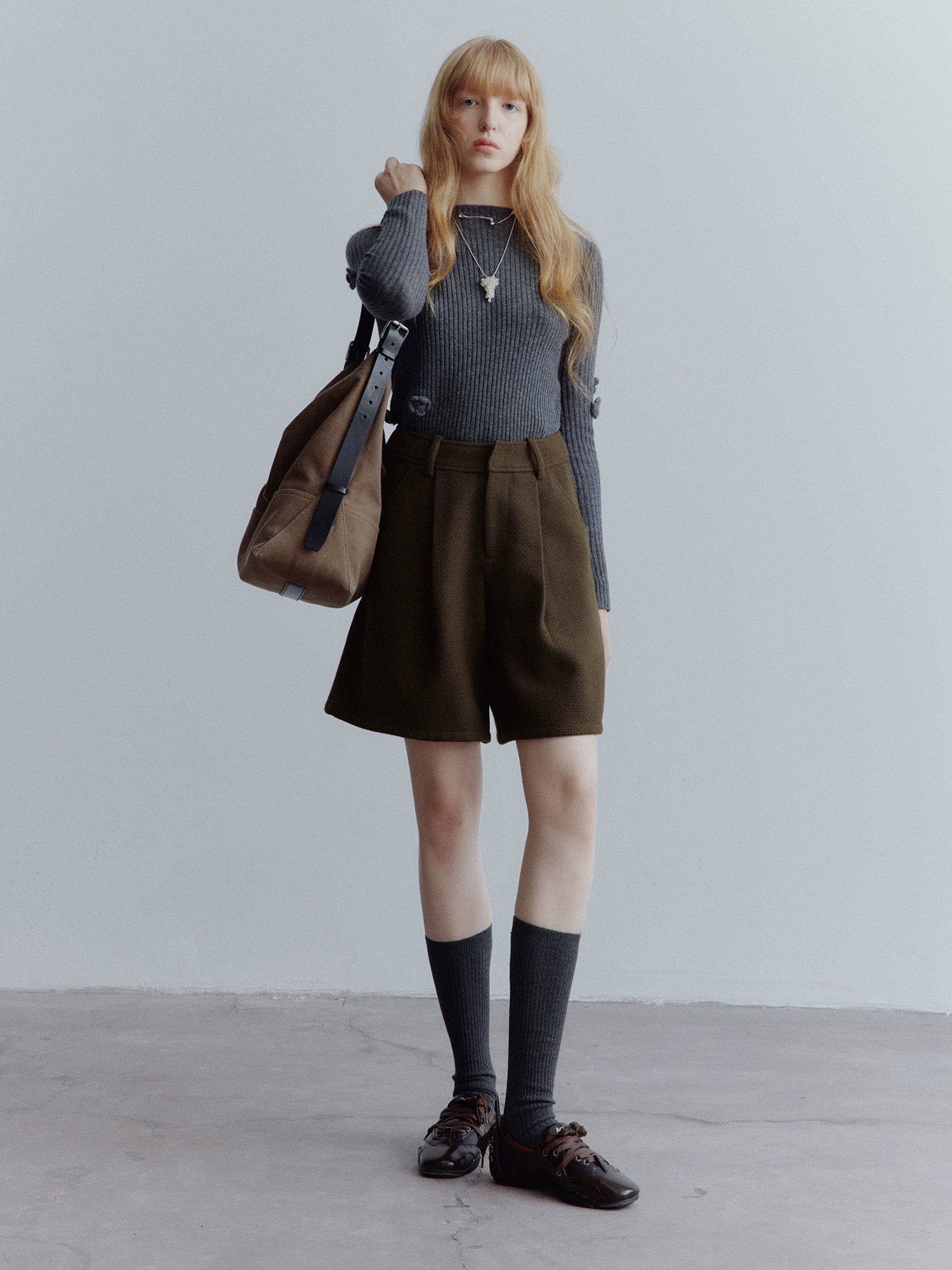 FUSSED_Chocolate_Brown_Relaxed_Wool_Blend_High_Waisted_Shorts_MISSTT