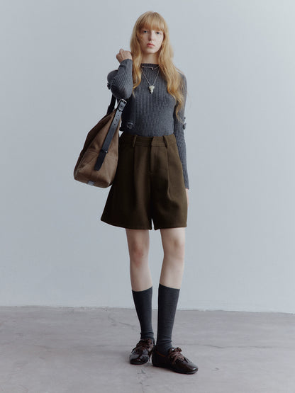 FUSSED_Chocolate_Brown_Relaxed_Wool_Blend_High_Waisted_Shorts_MISSTT