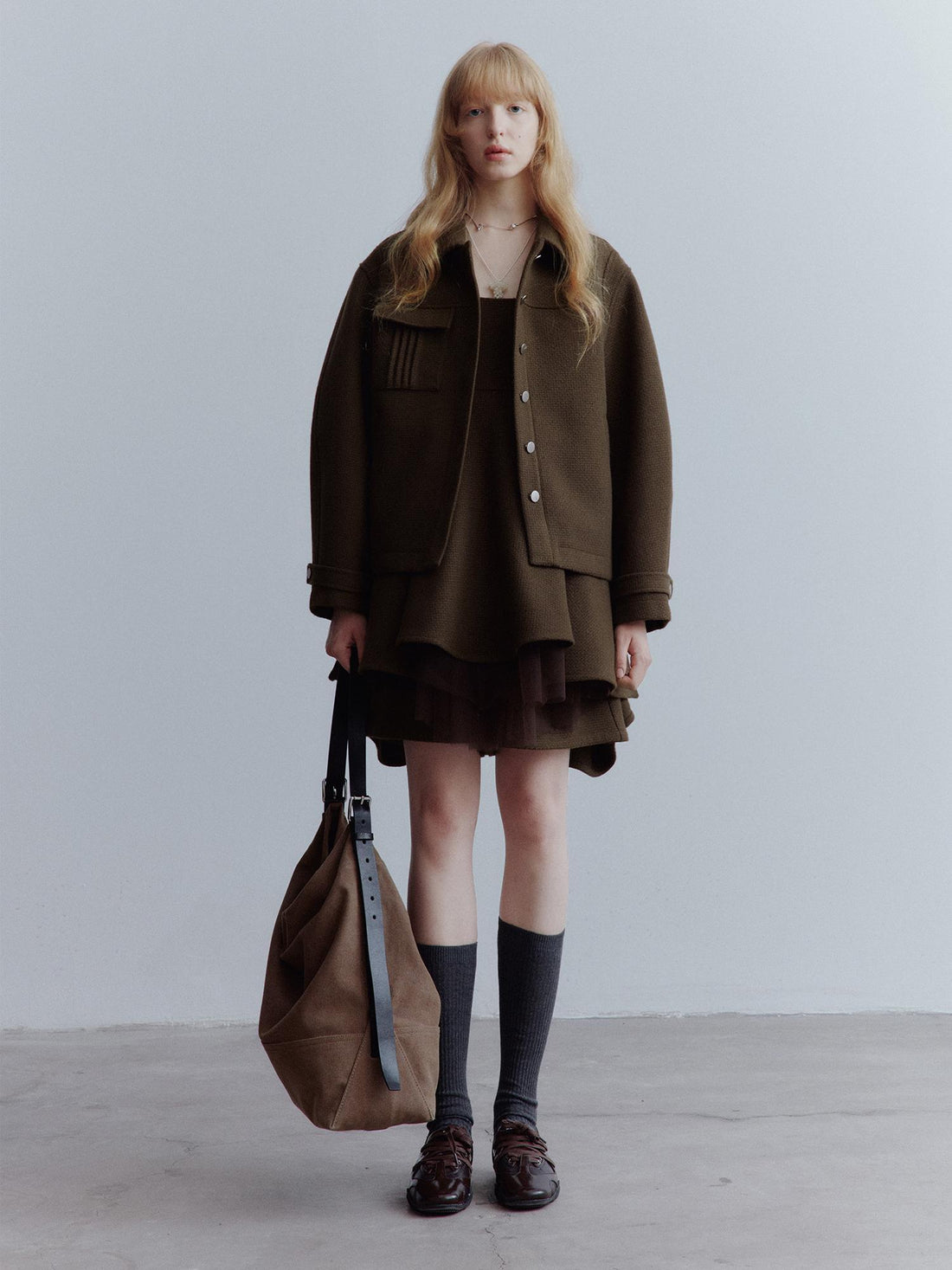 FUSSED Chocolate Brown Wool Blend Workwear Jacket With Asymmetrical Pockets