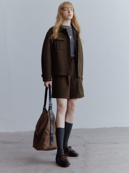 FUSSED Chocolate Brown Wool Blend Workwear Jacket With Asymmetrical Pockets