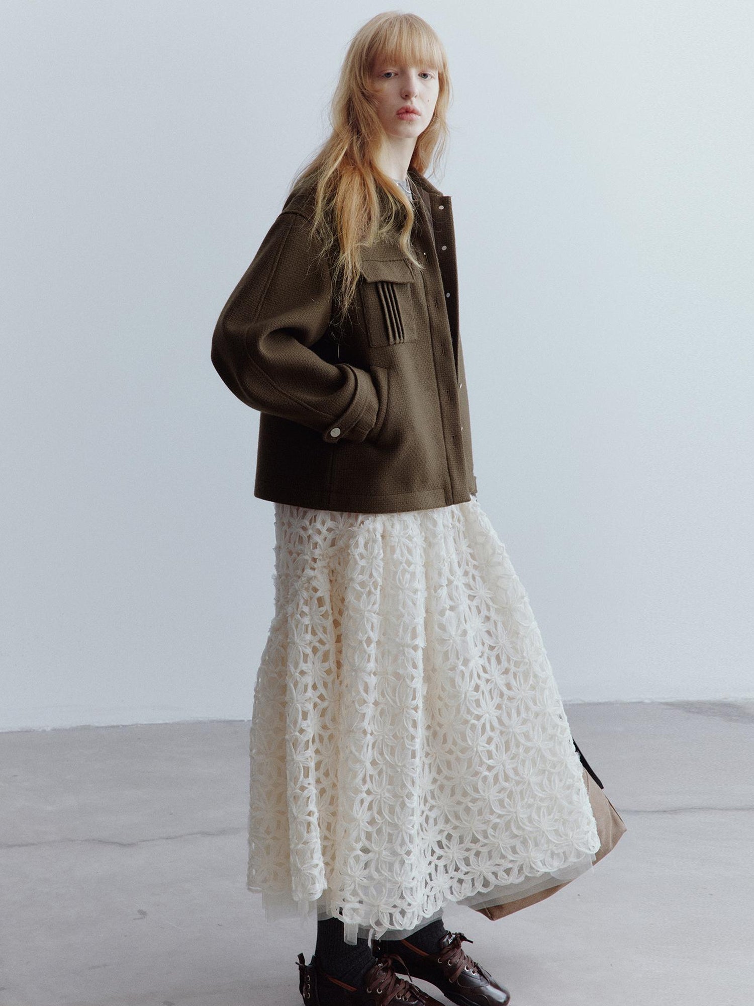 FUSSED Chocolate Brown Wool Blend Workwear Jacket With Asymmetrical Pockets