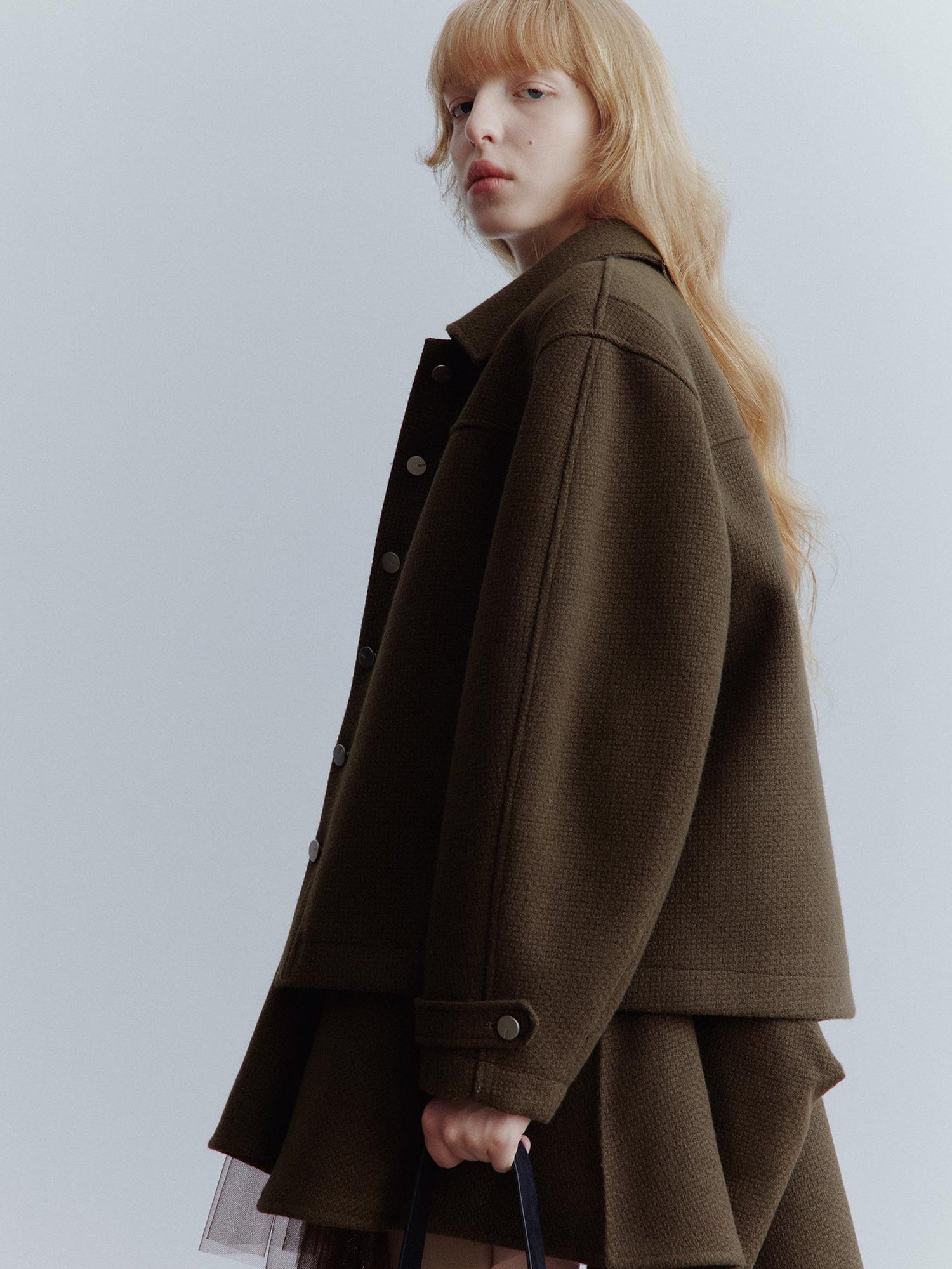 FUSSED Chocolate Brown Wool Blend Workwear Jacket With Asymmetrical Pockets