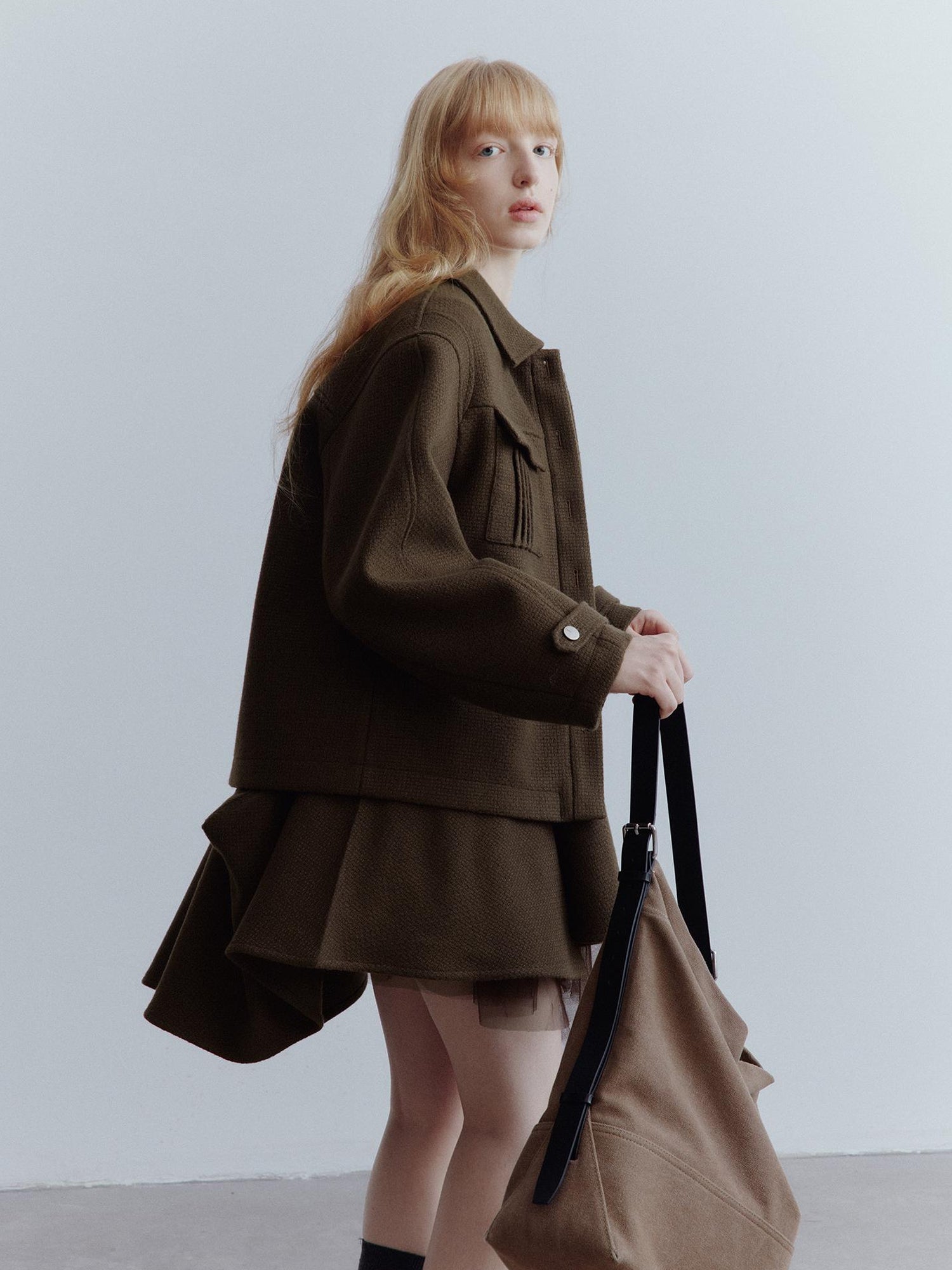 FUSSED Chocolate Brown Wool Blend Workwear Jacket With Asymmetrical Pockets