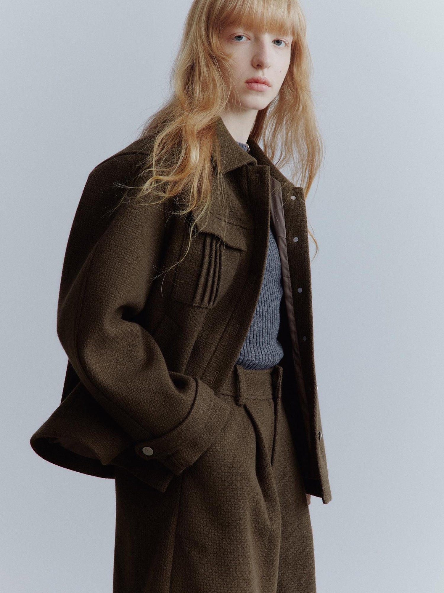 FUSSED Chocolate Brown Wool Blend Workwear Jacket With Asymmetrical Pockets