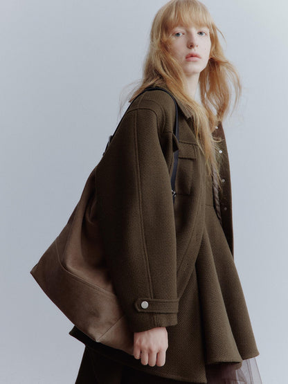 FUSSED Chocolate Brown Wool Blend Workwear Jacket With Asymmetrical Pockets