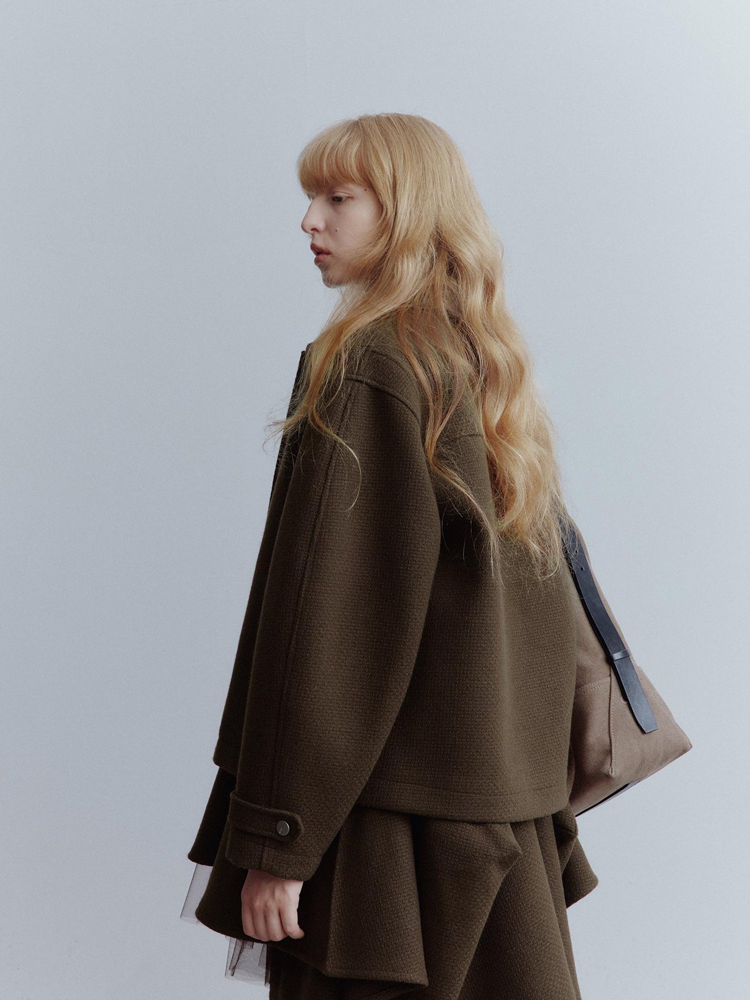 FUSSED Chocolate Brown Wool Blend Workwear Jacket With Asymmetrical Pockets