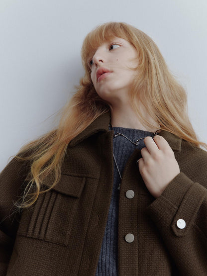 FUSSED Chocolate Brown Wool Blend Workwear Jacket With Asymmetrical Pockets